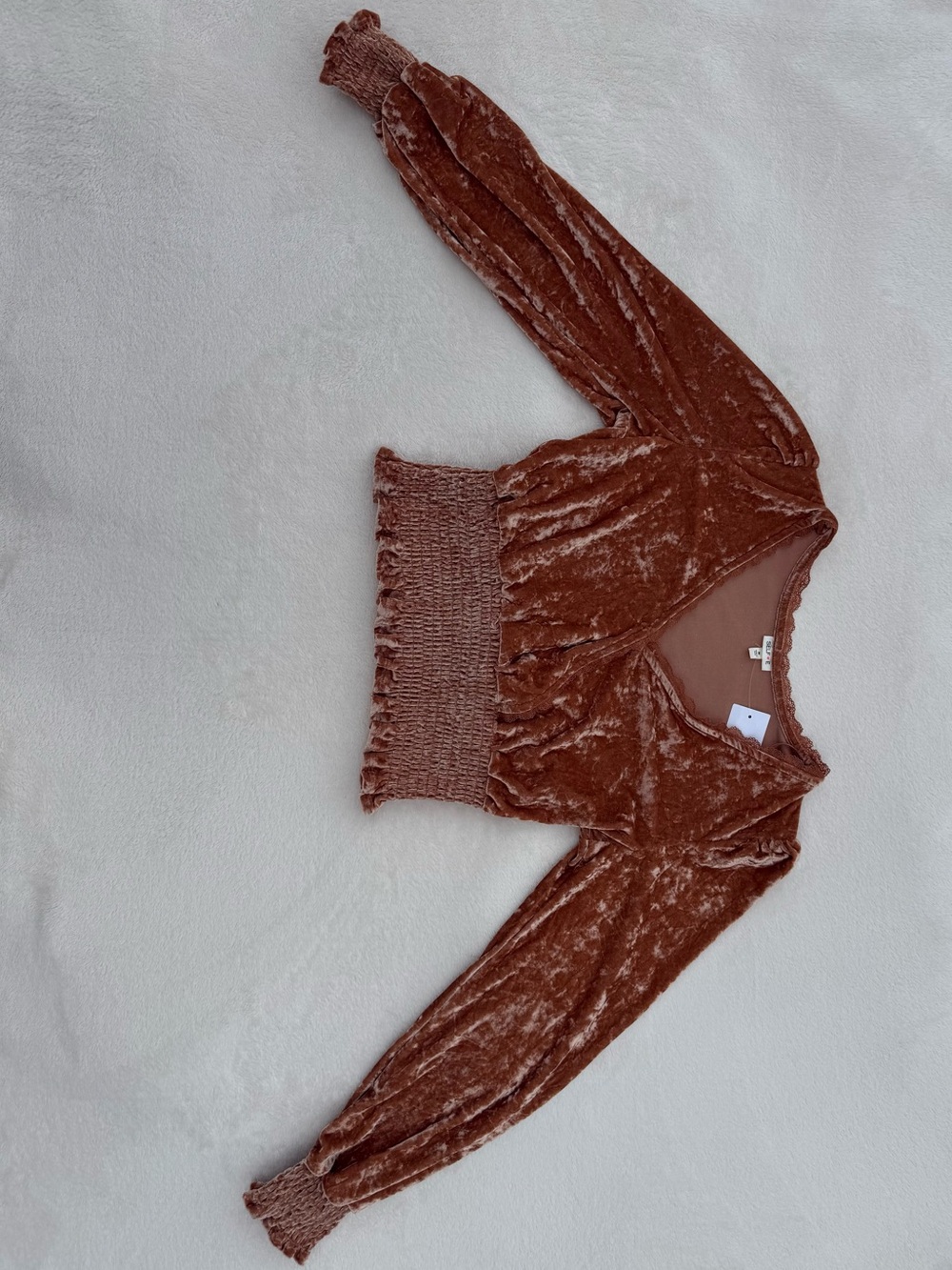 Selfie Velvet V-Neck Smocked Long Sleeve Crop Top